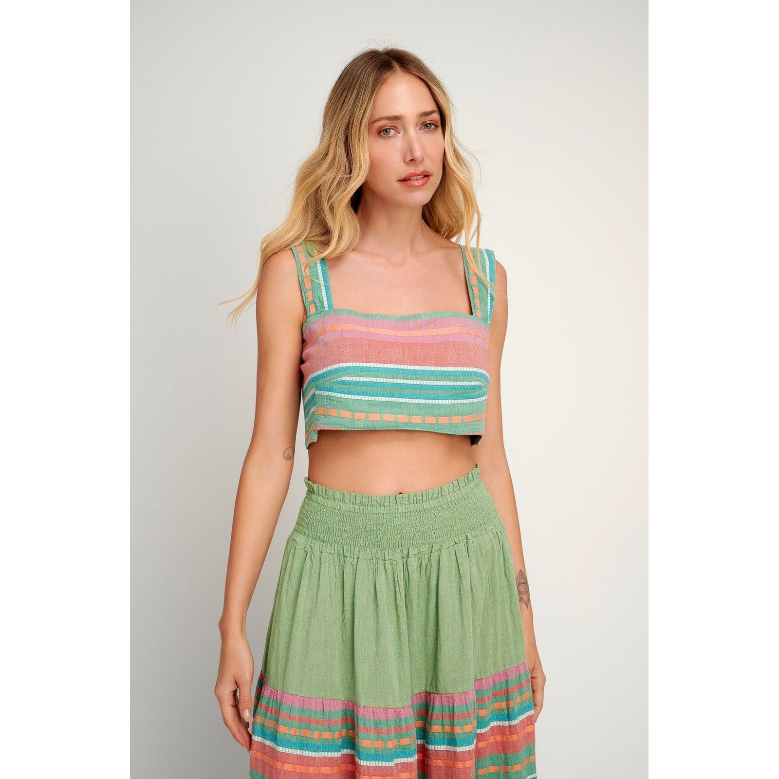 Pearl & Caviar Women's Alonissos Crop Top Green Multi Stripe Cotton Boho- Xs/S